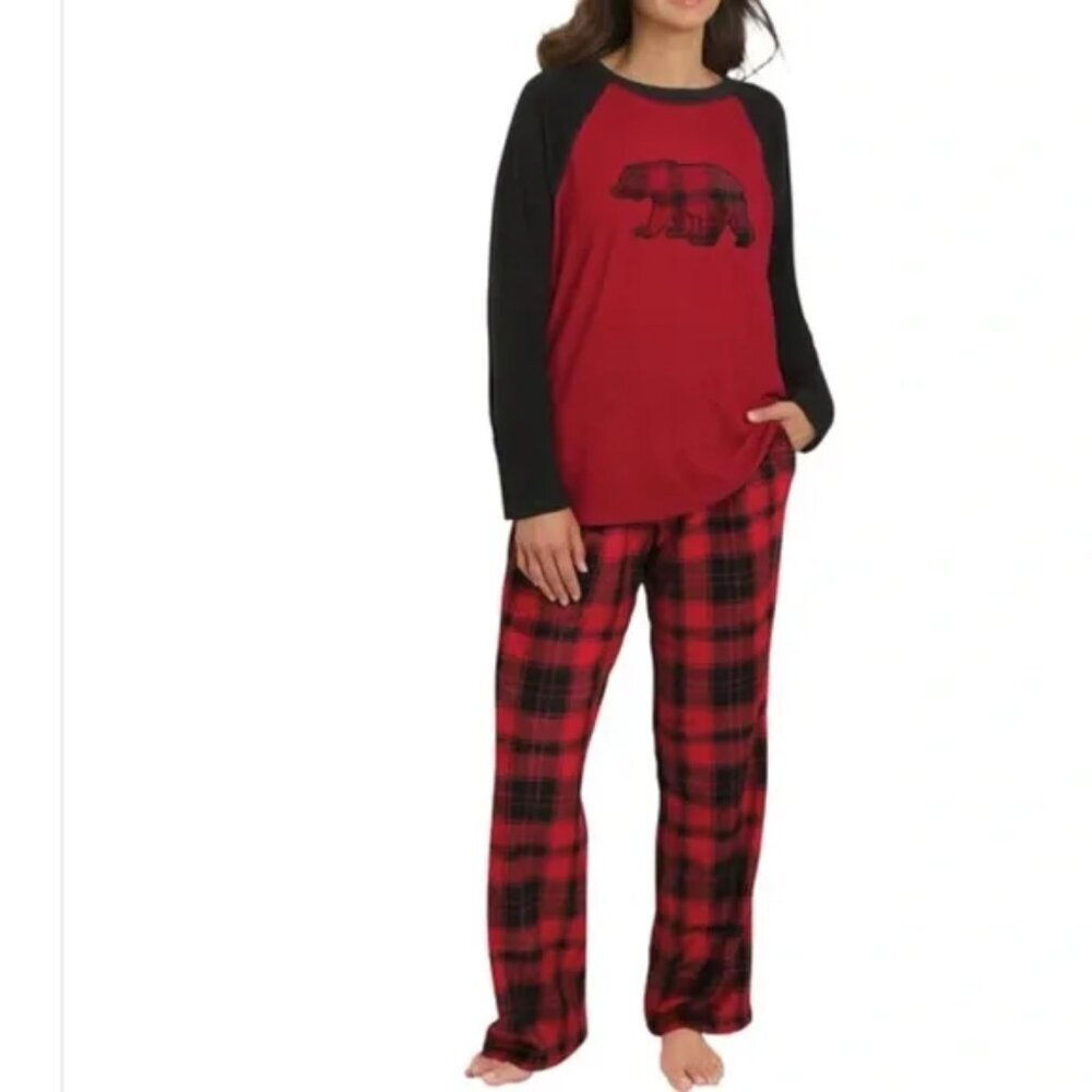 Eddie Bauer Womens Pajama Set Bear Applique Red Black Winter Warm Christmas